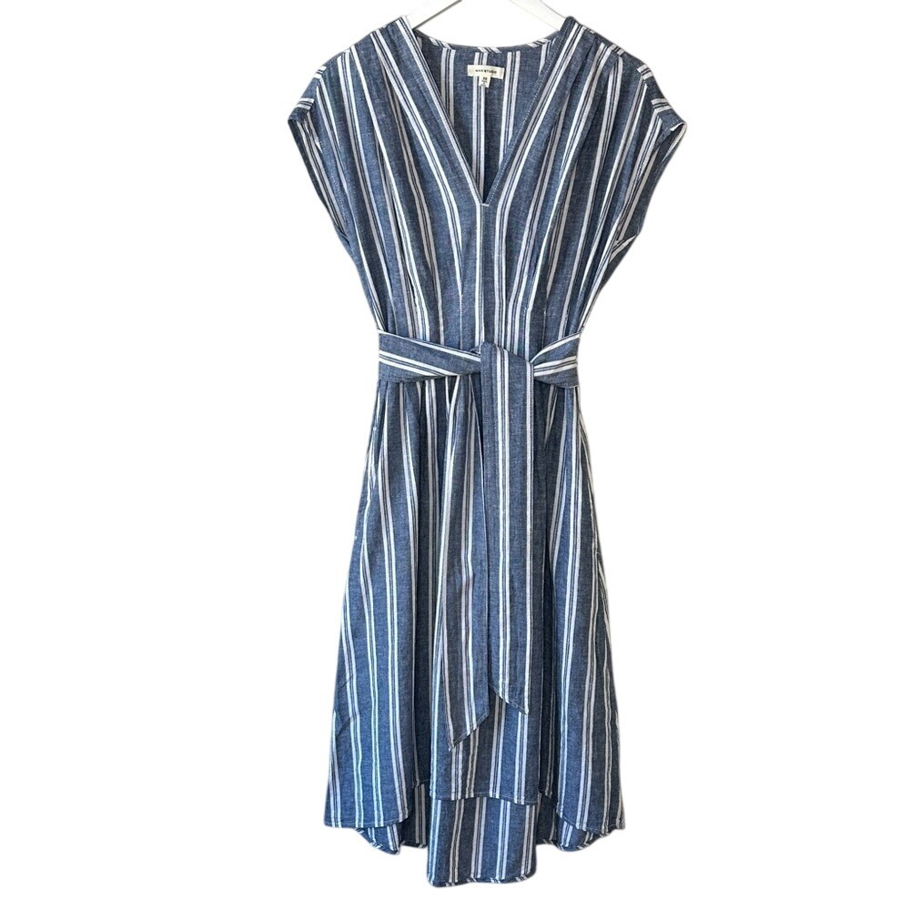 Max Studio Striped V Neck Linen Blend‎ Tie Waist A Line Dress Cream Navy Size XS